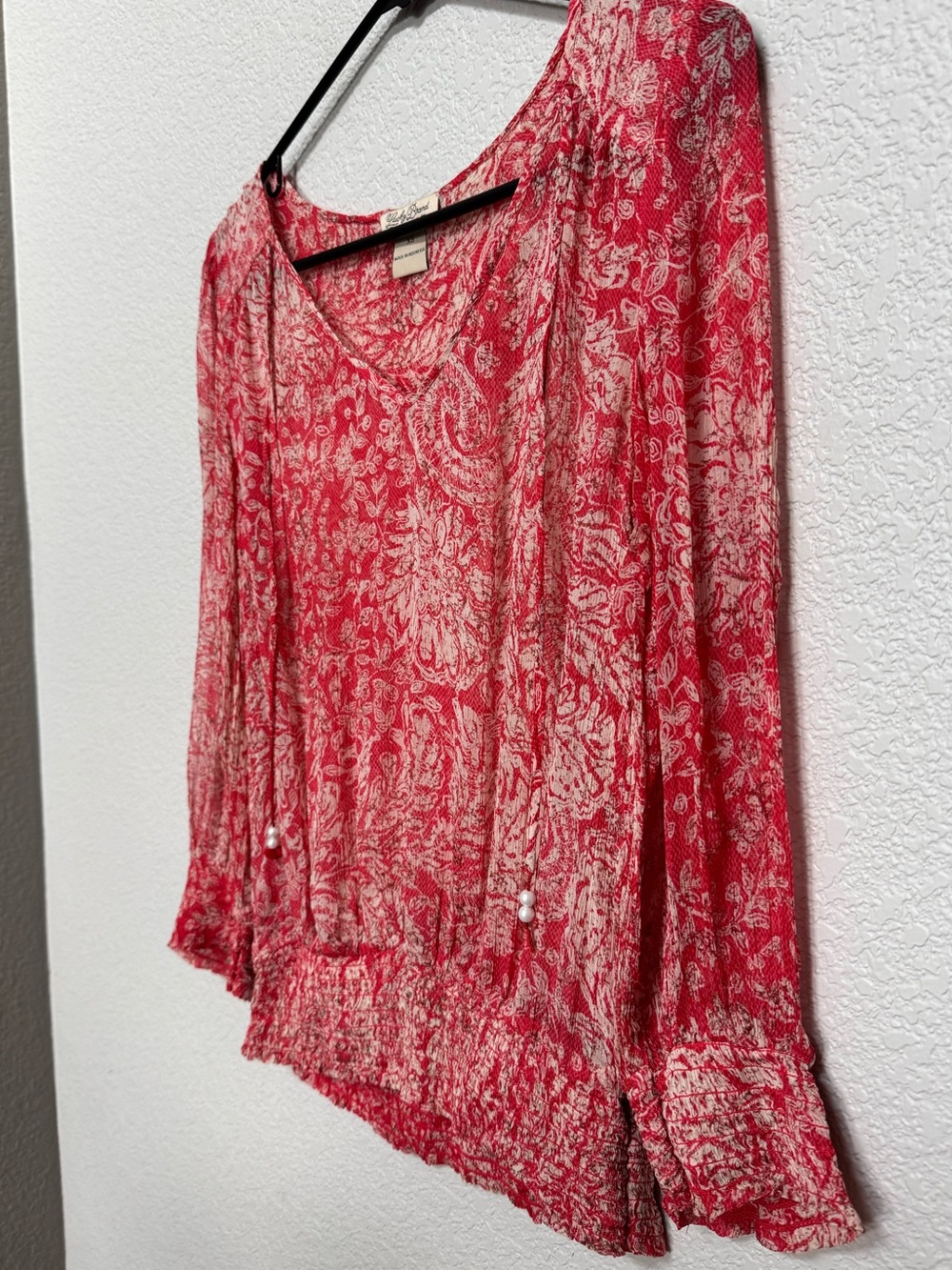 Lucky Brand Sheer Floral Peasant Blouse Red Women’s XS Boho Fall